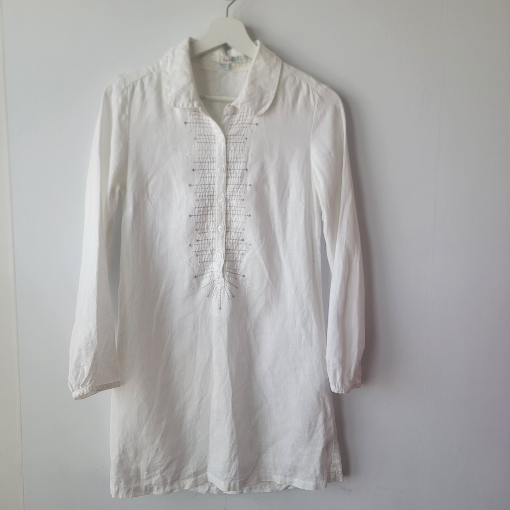Boden women's 100% linen tunic embroidery tunic top size 2 pintuck long sleeve